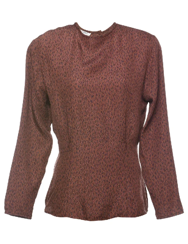 Brown Patterned Silk Blouse - M Double-Layered Blouse