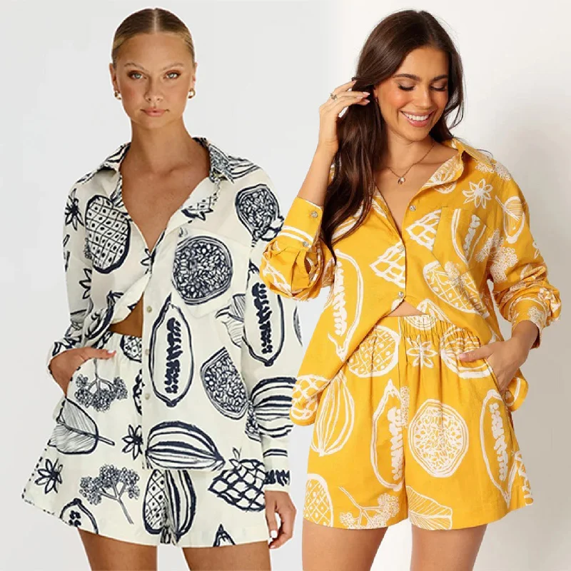 Casual Fruit Print Shorts & Blouse Suit, Spring and Autumn Collection Off-Shoulder Wrap Blouse Casual Fruit Print Shorts & Blouse Suit, Spring and Autumn Collection Off-Shoulder Wrap Blouse