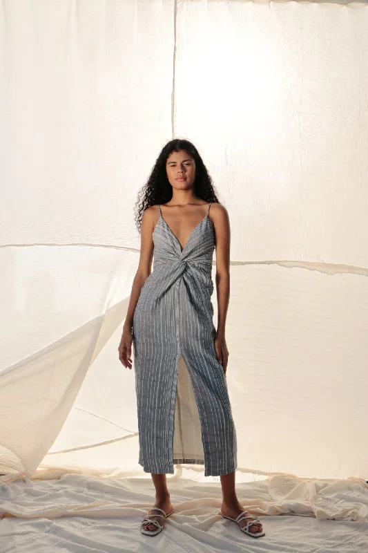THE HAND LOOM Celia Striped 100% Organic Cotton Womens Dress - Navy