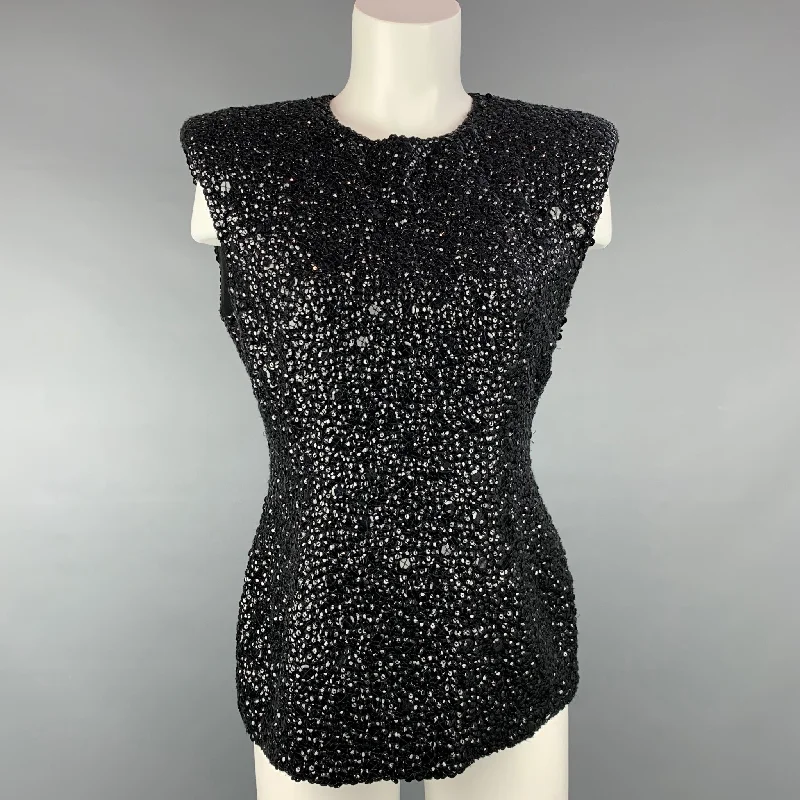 DRIES VAN NOTEN Size 6 Black Sequined Textured Viscose Dress Top