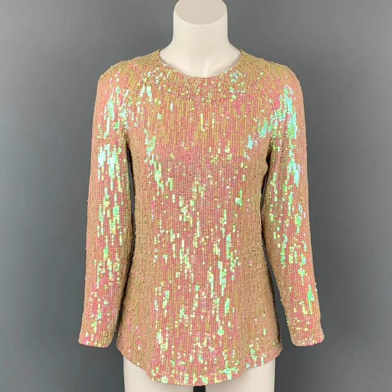 DRIES VAN NOTEN Size 8 Iridescent & Nude Sequin Silk Dress Top