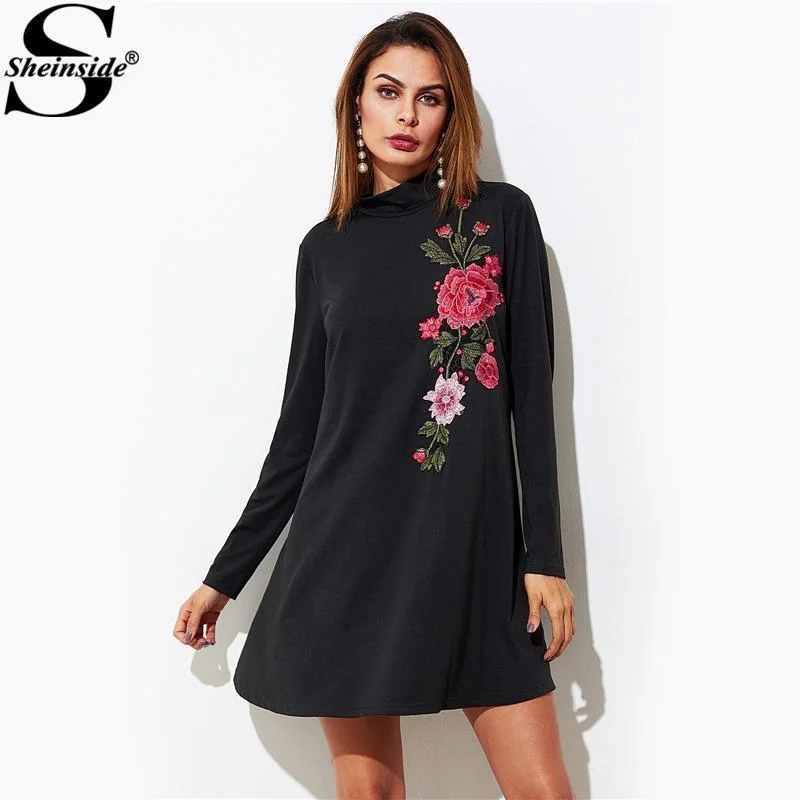 Embroidered Flower Patch Swing Tee Dress