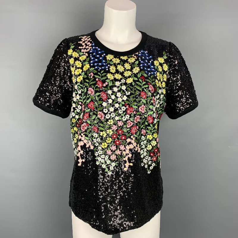 GIAMBATTISTA VALLI Size 12 Black & Multi-Color Sequined Jersey Cotton / Polyamide Dress Top