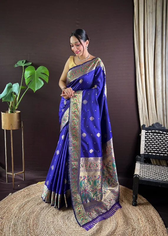 Women Party Wear Jari Weaving Paithani Silk Saree With Un Stitched Blouse Ruched Sleeve Blouse Women Party Wear Jari Weaving Paithani Silk Saree With Un Stitched Blouse Ruched Sleeve Blouse