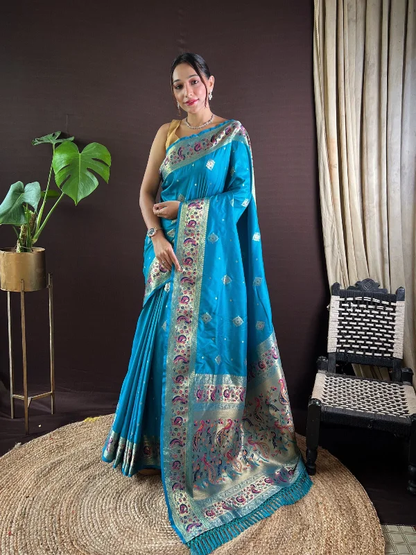 Women Party Wear Jari Weaving Paithani Silk Saree With Un Stitched Blouse Asymmetric Hem Blouse Women Party Wear Jari Weaving Paithani Silk Saree With Un Stitched Blouse Asymmetric Hem Blouse