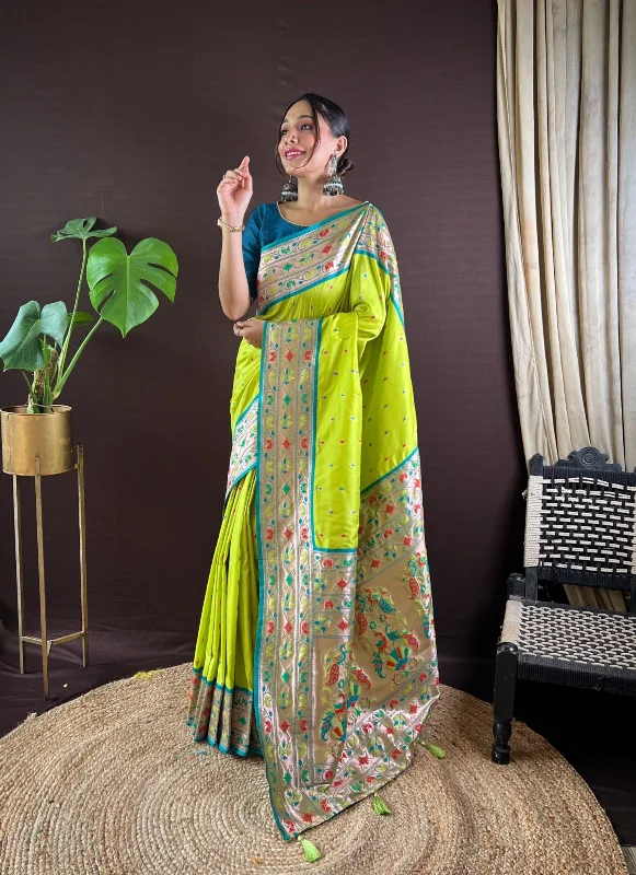 Women Party Wear Jari Weaving Paithani Silk Saree With Un Stitched Blouse Embellished Collar Blouse Women Party Wear Jari Weaving Paithani Silk Saree With Un Stitched Blouse Embellished Collar Blouse