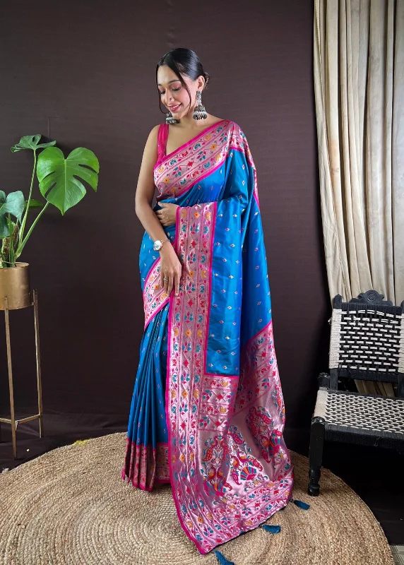 Women Party Wear Jari Weaving Paithani Silk Saree With Un Stitched Blouse Chic Square Blouse Women Party Wear Jari Weaving Paithani Silk Saree With Un Stitched Blouse Chic Square Blouse