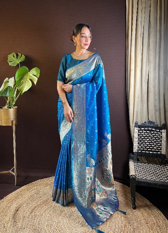 Women Party Wear Jari Weaving Paithani Silk Saree With Un Stitched Blouse Airy Cotton Blouse Women Party Wear Jari Weaving Paithani Silk Saree With Un Stitched Blouse Airy Cotton Blouse
