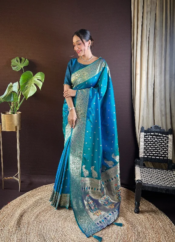 Women Party Wear Jari Weaving Paithani Silk Saree With Un Stitched Blouse Lightweight Linen Blouse Women Party Wear Jari Weaving Paithani Silk Saree With Un Stitched Blouse Lightweight Linen Blouse
