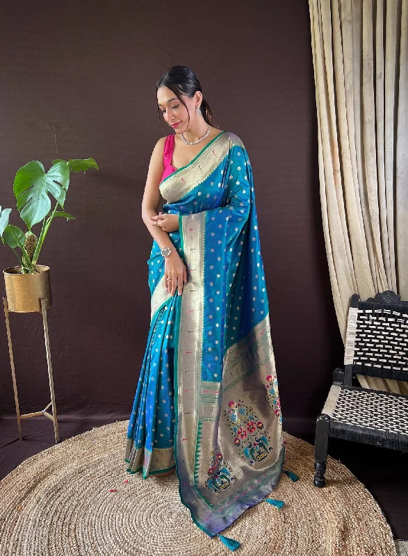 Women Party Wear Designer Heavy Jari Worked Paithani Silk Saree With Un Stitched Blouse Collared Satin Blouse Women Party Wear Designer Heavy Jari Worked Paithani Silk Saree With Un Stitched Blouse Collared Satin Blouse