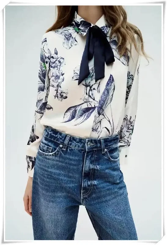 Huma Formal Blouse with a bow Satin Long Blouse