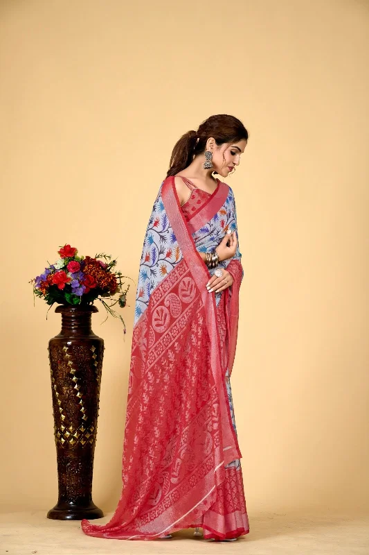 Women Casual Wear Printed Brasso Silk Saree With Un Stitched Blouse Airy Cotton Blouse Women Casual Wear Printed Brasso Silk Saree With Un Stitched Blouse Airy Cotton Blouse