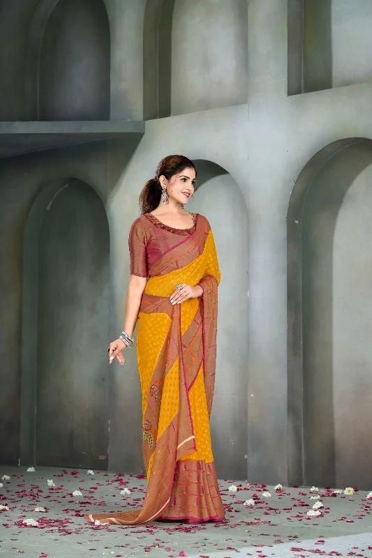 Women Casual Wear Printed Brasso Silk Saree With Un Stitched Blouse Playful Puff Blouse Women Casual Wear Printed Brasso Silk Saree With Un Stitched Blouse Playful Puff Blouse