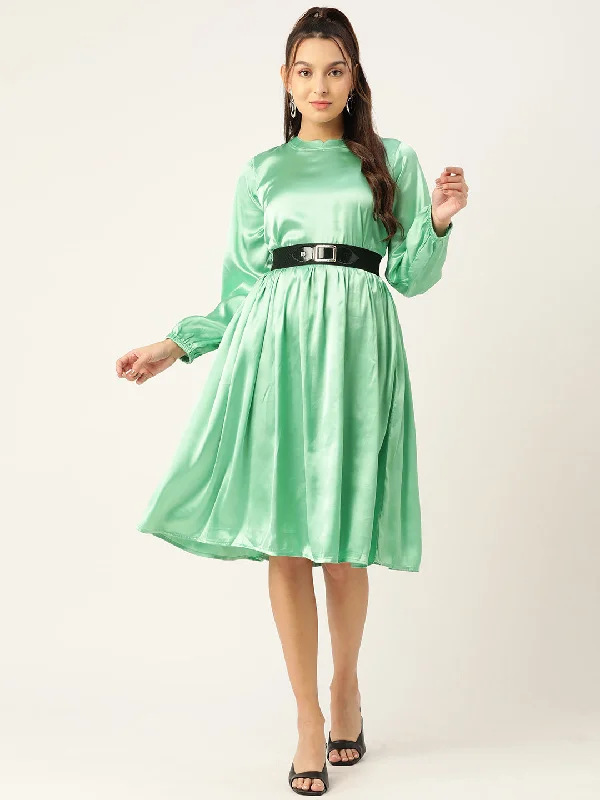 Women Green-Coloured Satin Dress With Belt