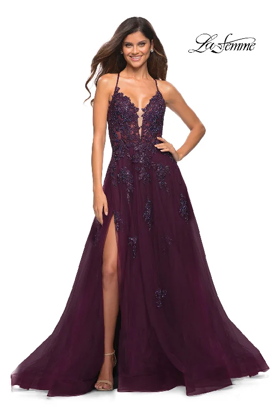 La Femme Open-Back Long Ball Gown with Lace