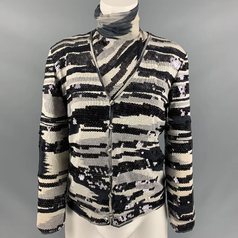 MISSONI Size 6 Black Grey Silk Sequined Turtleneck Dress Top