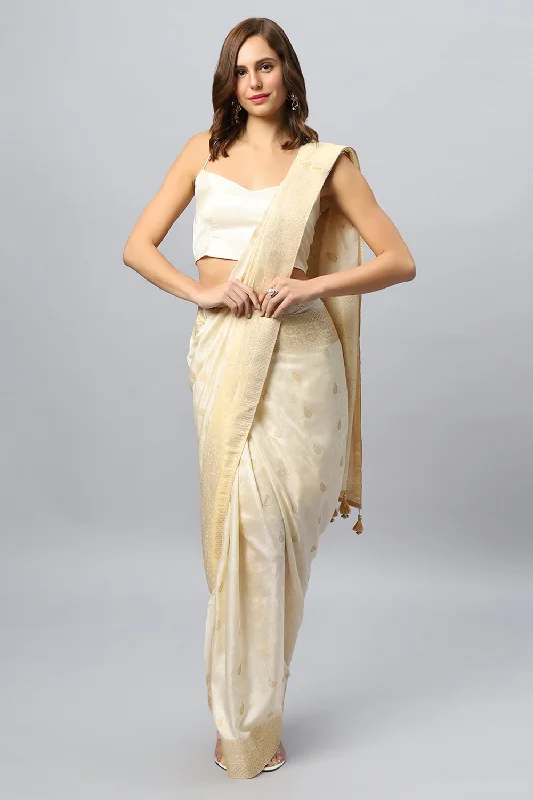 Nuri Cream Banarasi Sarong Saree With Blouse Casual Button Blouse
