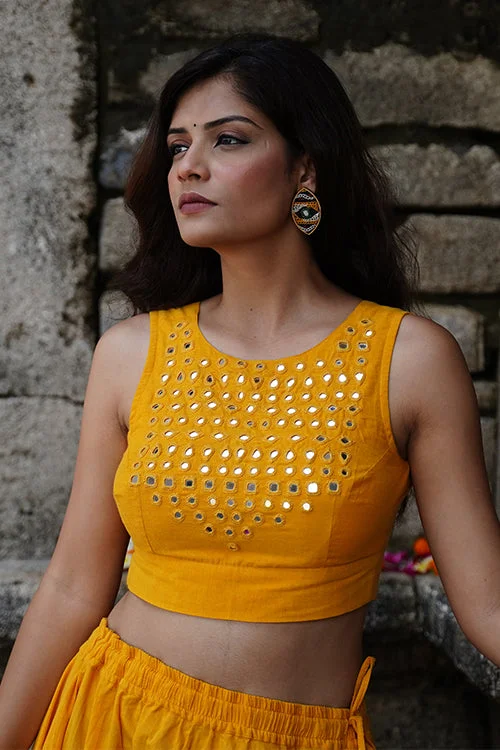Okhai "Ashtami" Mirrorwork Yellow Pure Cotton Sleeveless Blouse Delicate Bow Blouse