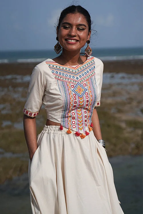 Okhai "Durgeshwari" Hand-Embroidery and Mirrorwork Off White Pure Cotton Blouse Flowy Bohemian Blouse Okhai "Durgeshwari" Hand-Embroidery and Mirrorwork Off White Pure Cotton Blouse Flowy Bohemian Blouse