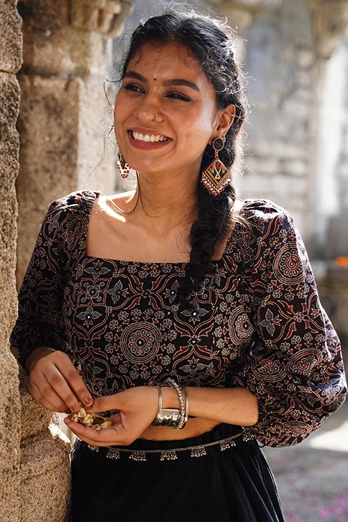 Okhai "Pratha" Hand-Embroidered Mirrorwork Black Ajrakh Pure Cotton Blouse Elegant Lace Blouse Okhai "Pratha" Hand-Embroidered Mirrorwork Black Ajrakh Pure Cotton Blouse Elegant Lace Blouse