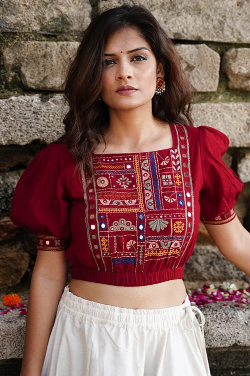 Okhai "Raas-Garba" Hand-Embroidery and Mirrorwork Brick Red Pure Cotton Blouse Pastel Color Blouse Okhai "Raas-Garba" Hand-Embroidery and Mirrorwork Brick Red Pure Cotton Blouse Pastel Color Blouse