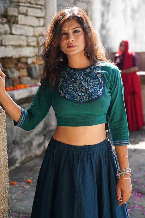 Okhai "Sanedo" Hand-Embroidery and Mirrorwork Sea Green Pure Cotton Blouse Lightweight Linen Blouse Okhai "Sanedo" Hand-Embroidery and Mirrorwork Sea Green Pure Cotton Blouse Lightweight Linen Blouse