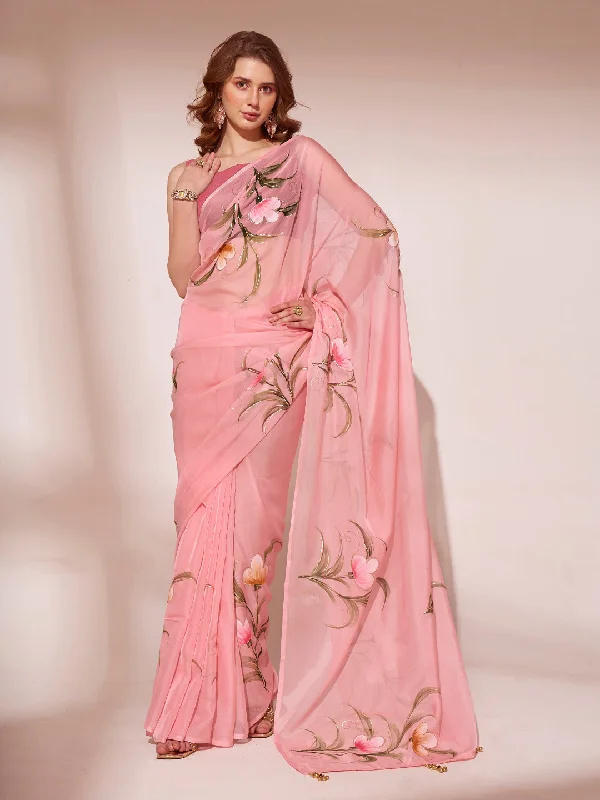 Women Party Wear Organza Saree With Un Stitched Blouse Airy Cotton Blouse