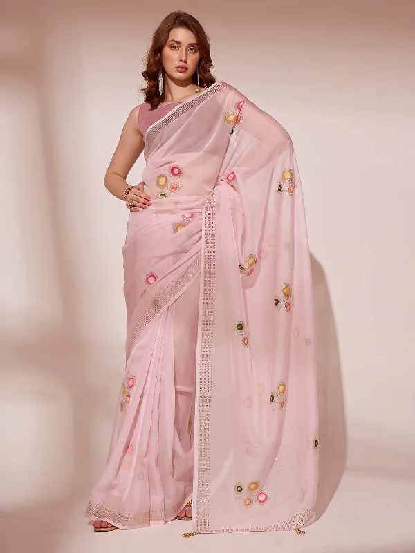 Women Party Wear Organza Saree With Un Stitched Blouse Playful Puff Blouse