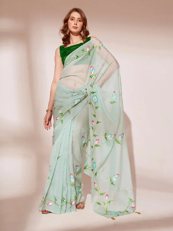 Women Party Wear Organza Saree With Un Stitched Blouse Elegant Embroidery Blouse