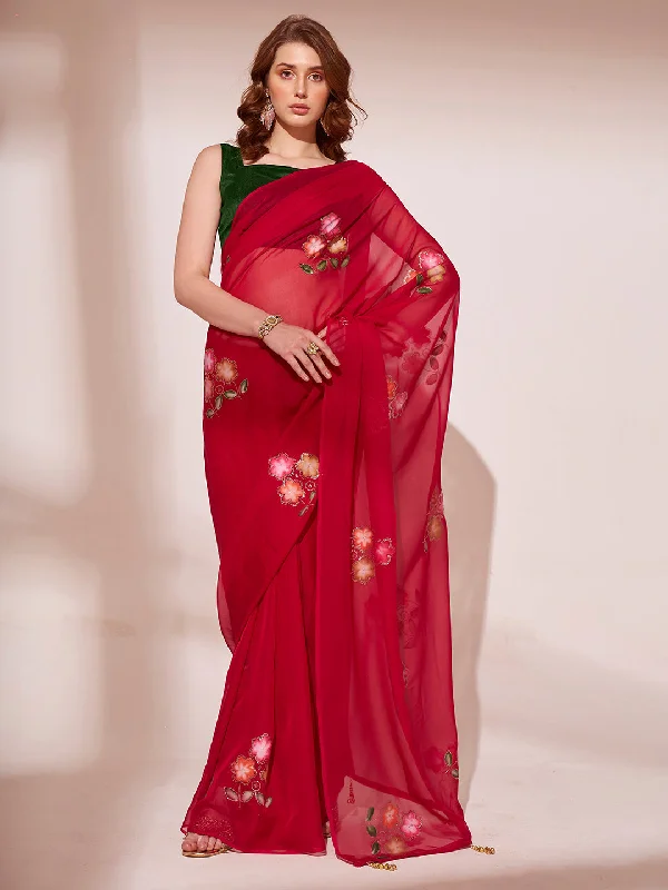 Women Party Wear Organza Saree With Un Stitched Blouse Mandarin Collar Blouse