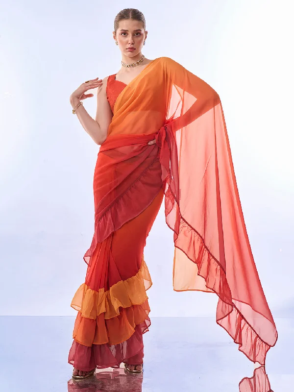 Women Party Wear Printed Ruffles Ready To Wear Georgette Saree With Un Stitched Blouse(Size Up To 42) Chic Sleeveless Blouse Women Party Wear Printed Ruffles Ready To Wear Georgette Saree With Un Stitched Blouse(Size Up To 42) Chic Sleeveless Blouse