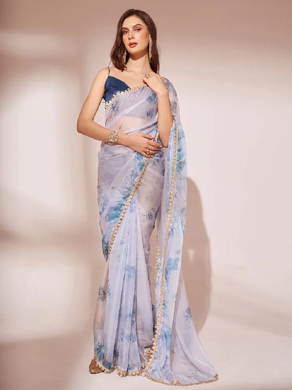 Women Party Wear Printed Organza Saree With Un Stitched Blouse Ruched Sleeve Blouse