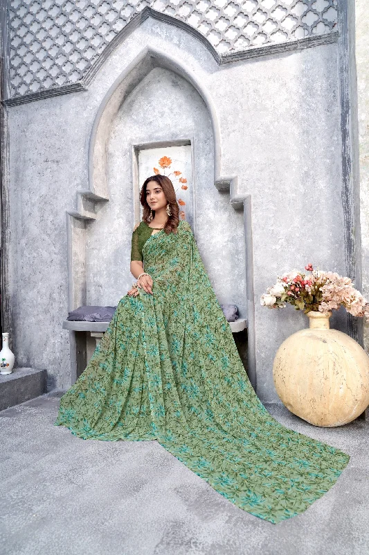 Women Casual Wear Printed Weight Less Saree With Un Stitched Blouse Gathered Detail Blouse Women Casual Wear Printed Weight Less Saree With Un Stitched Blouse Gathered Detail Blouse