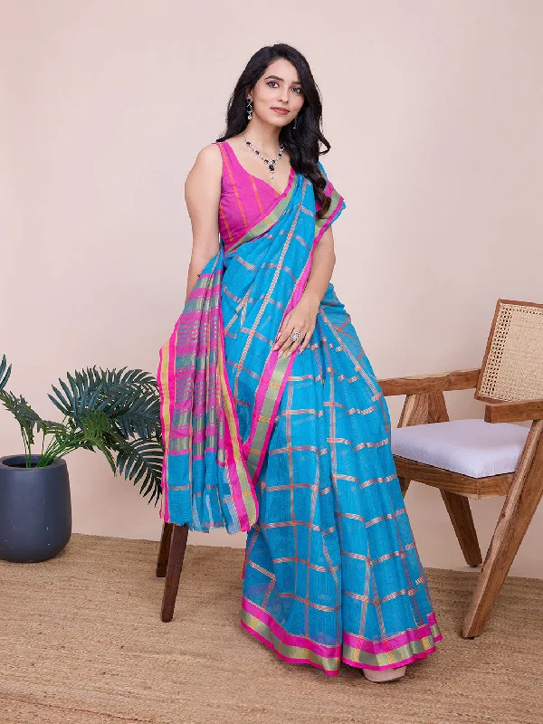 Women Casual Wear Designer Kota Doriya(Semi Cotton) Soft Silk Saree With Un Stitched Blouse Embellished Collar Blouse Women Casual Wear Designer Kota Doriya(Semi Cotton) Soft Silk Saree With Un Stitched Blouse Embellished Collar Blouse
