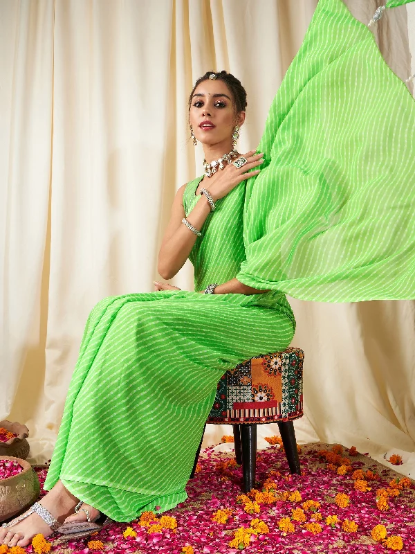 Women Green Lehariya Saree With Unstitched Gota Blouse Classic Minimalist Blouse