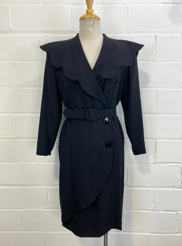 Vintage 1980s Guy Laroche Black Wool Crepe Coat Dress, Small
