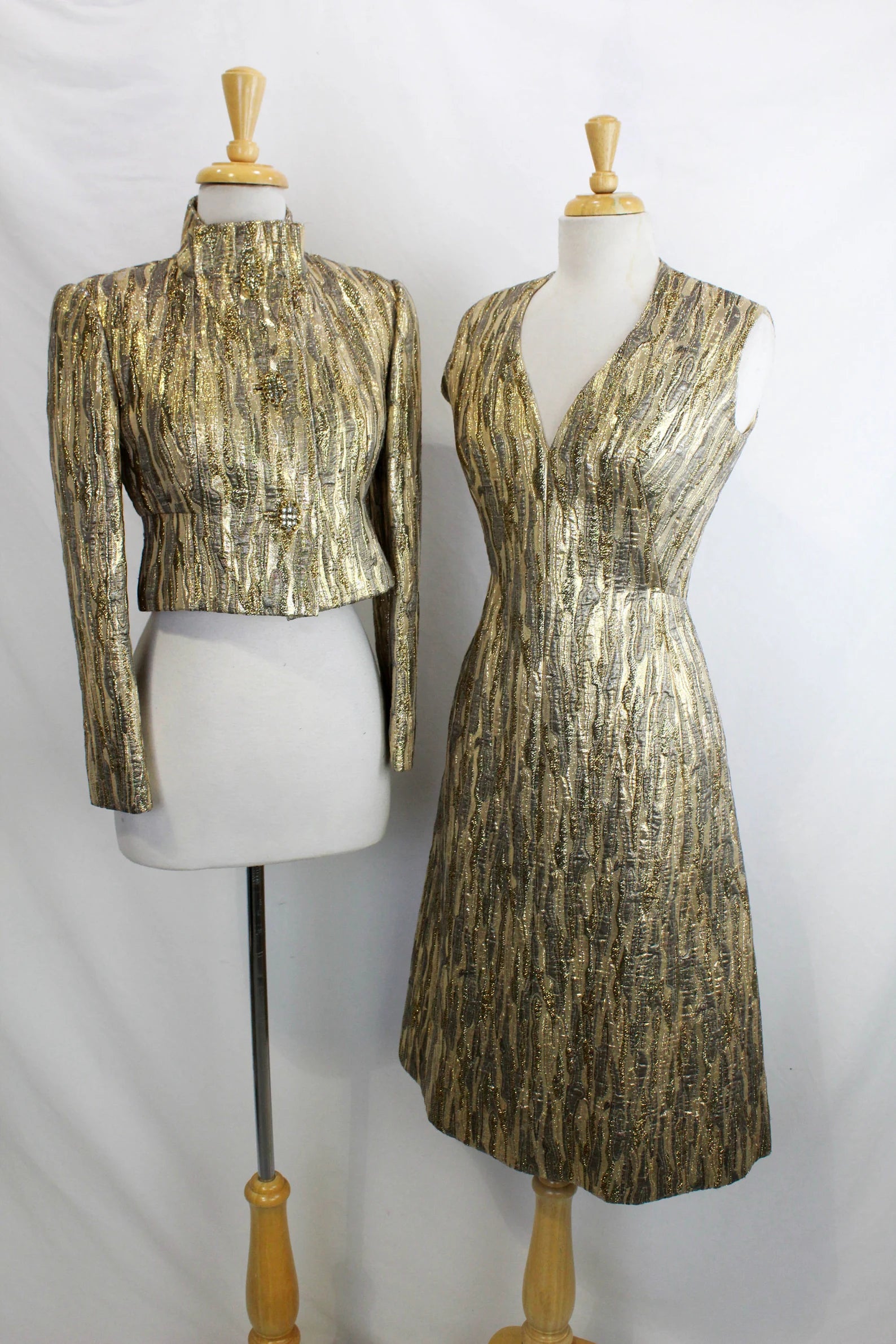 Vintage 60s Pauline Trigére Metallic Gold Lamé Cocktail Dress & Coat Set, B34