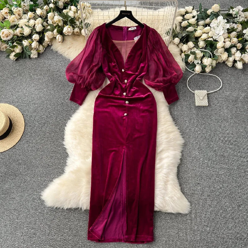 Opulent Elegance: Vintage Velvet Lantern Sleeve Dress in Rose Red