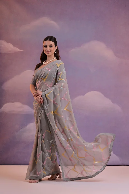 Women Party Wear Sequence Worked Georgette Saree With Un Stitched Blouse Collared Satin Blouse Women Party Wear Sequence Worked Georgette Saree With Un Stitched Blouse Collared Satin Blouse