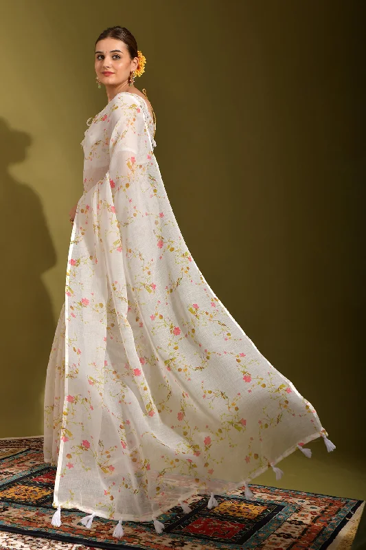 Women Party Wear Printed Linen Saree With Un Stitched Blouse Boho Printed Blouse
