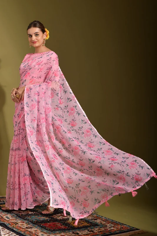 Women Party Wear Printed Linen Saree With Un Stitched Blouse Puff Sleeve Blouse
