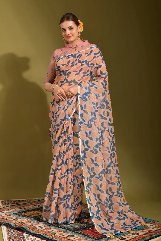 Women Party Wear Printed Linen Saree With Un Stitched Blouse Office Formal Blouse