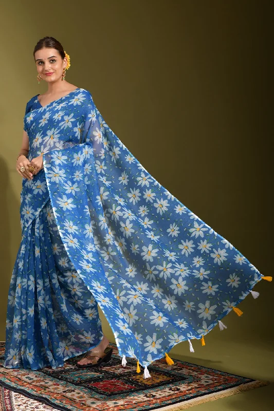 Women Party Wear Printed Linen Saree With Un Stitched Blouse Vintage Lace Blouse