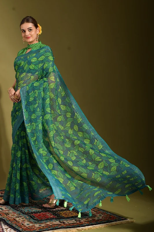 Women Party Wear Printed Linen Saree With Un Stitched Blouse Soft Satin Blouse