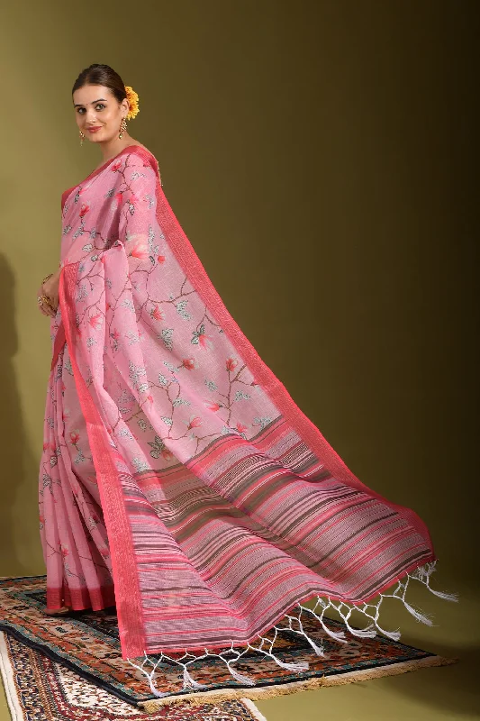 Women Party Wear Printed Linen Saree With Un Stitched Blouse Floral Print Blouse