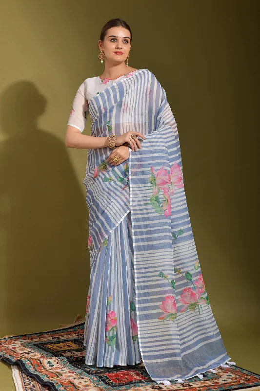 Women Party Wear Printed Linen Saree With Un Stitched Blouse Chic Ruffle Blouse