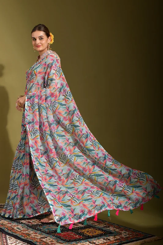 Women Party Wear Printed Linen Saree With Un Stitched Blouse Classic White Blouse