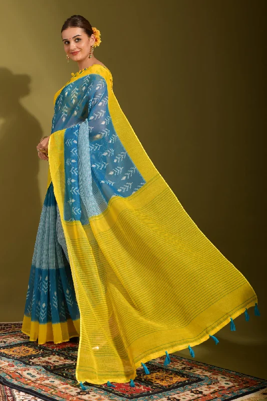 Women Party Wear Printed Linen Saree With Un Stitched Blouse Feminine Puff Blouse