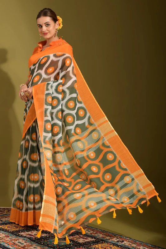 Women Party Wear Printed Linen Saree With Un Stitched Blouse Elegant Office Blouse