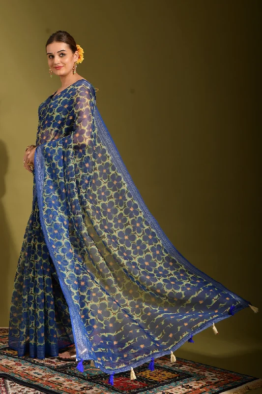 Women Party Wear Printed Linen Saree With Un Stitched Blouse Wrap Front Blouse